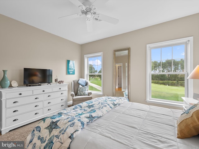 carpeted bedroom with ceiling fan