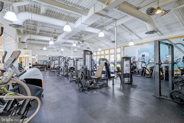 workout area with ceiling fan