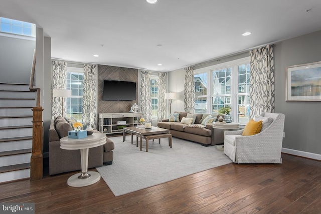 living room featuring dark wood-type flooring