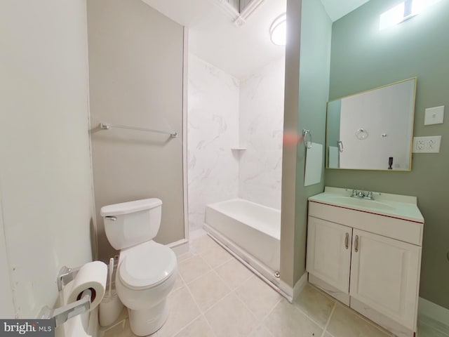 full bathroom with independent shower and bath, vanity, toilet, and tile patterned floors