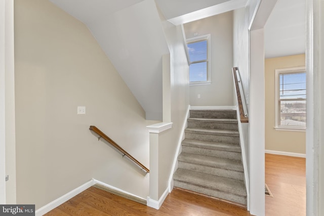 stairway with hardwood / wood-style flooring