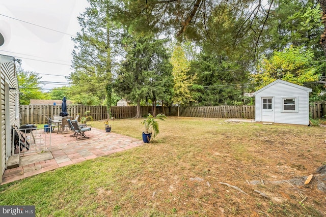 view of yard with a storage unit and a patio area