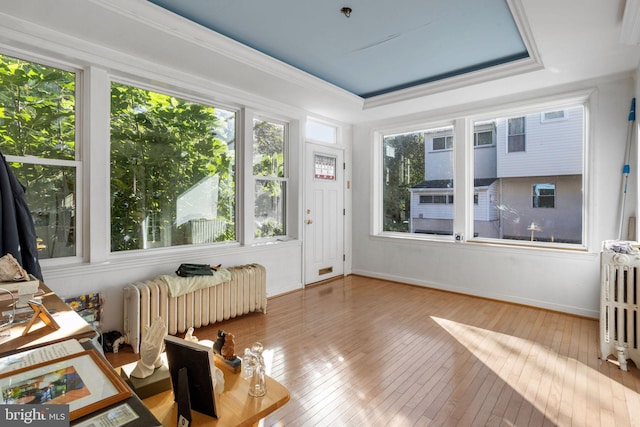 4541 Larchwood Ave, Philadelphia, PA 19143 - sunroom / solarium featuring radiator heating unit, hardwood / wood-style flooring, baseboards, and a raised ceiling