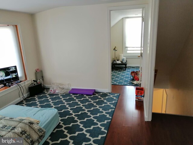 bedroom featuring lofted ceiling and dark hardwood / wood-style flooring