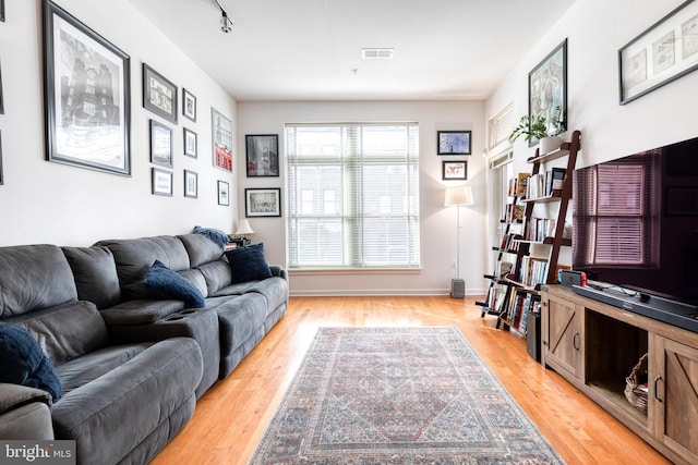 living room featuring rail lighting and light hardwood / wood-style floors