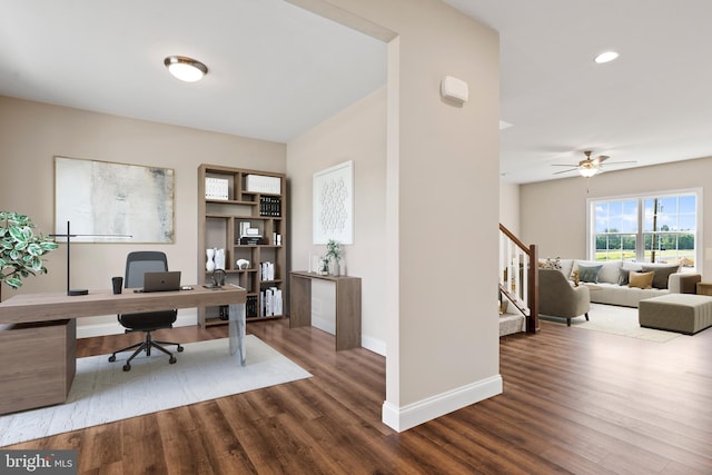 office featuring ceiling fan and wood-type flooring