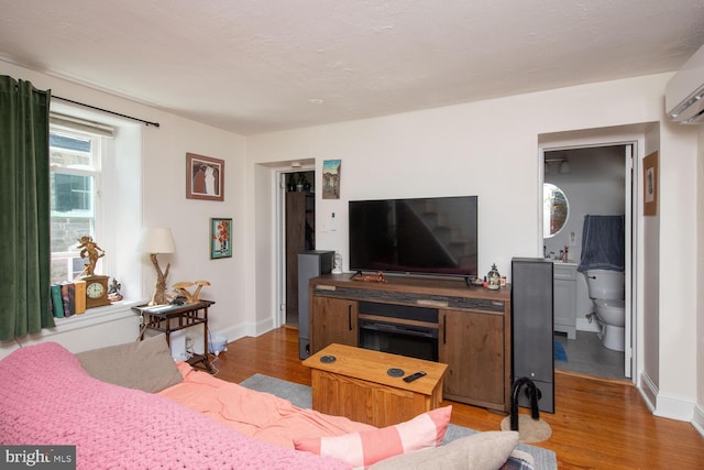 living room with an AC wall unit and hardwood / wood-style floors