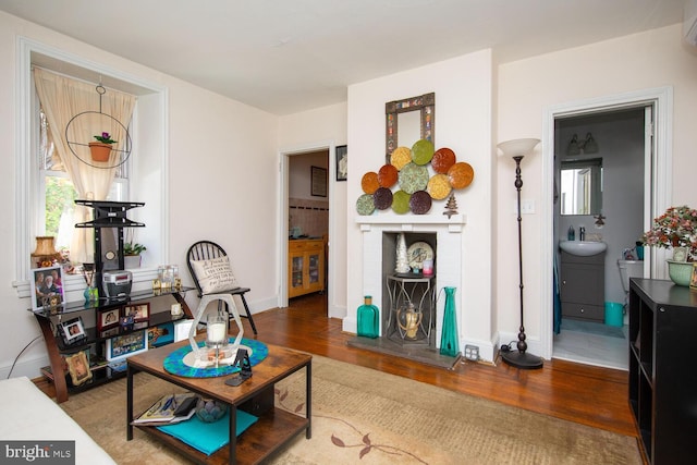 sitting room featuring wood-type flooring, sink, and a wall unit AC