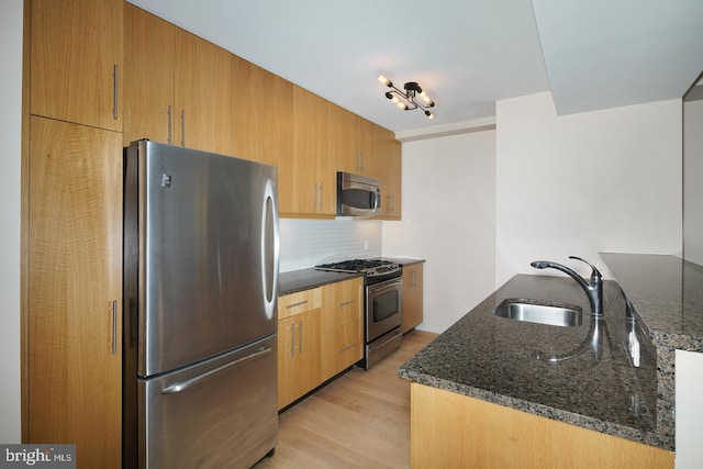 kitchen featuring sink, light hardwood / wood-style flooring, stainless steel appliances, dark stone counters, and decorative backsplash