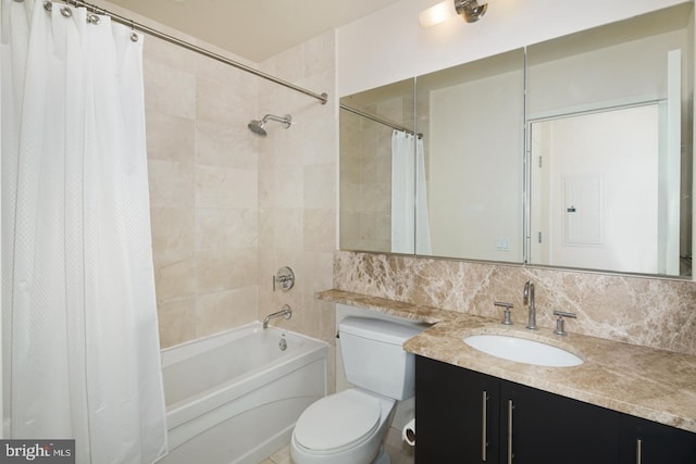 full bathroom featuring backsplash, vanity, toilet, and shower / bath combination with curtain