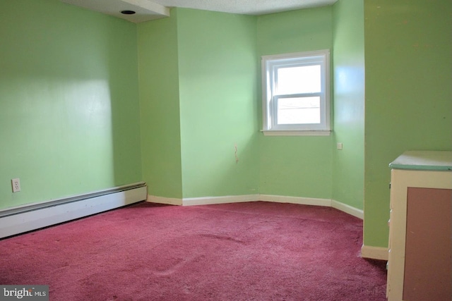 unfurnished room with a baseboard radiator, carpet floors, and a textured ceiling