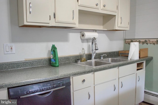 kitchen featuring white cabinets, baseboard heating, sink, and dishwashing machine