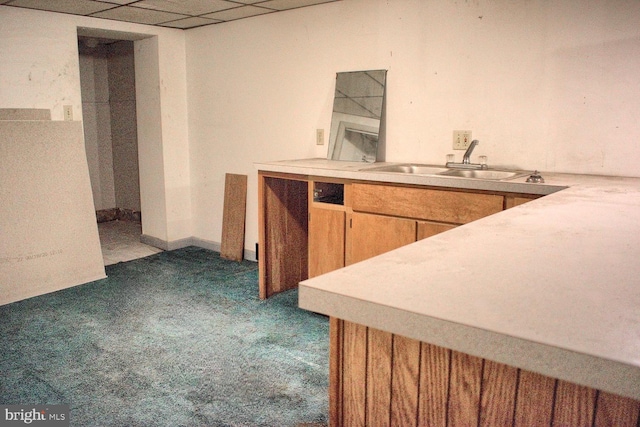 kitchen featuring sink, dark carpet, and a drop ceiling