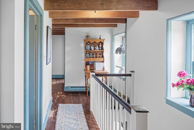 hallway featuring beam ceiling, a baseboard radiator, and dark wood-type flooring