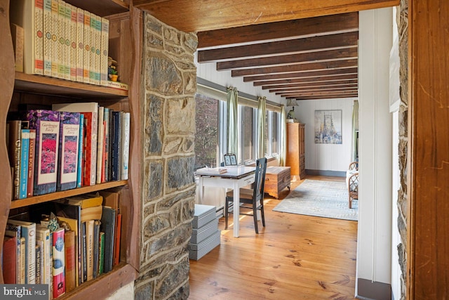 interior space with hardwood / wood-style flooring and beamed ceiling