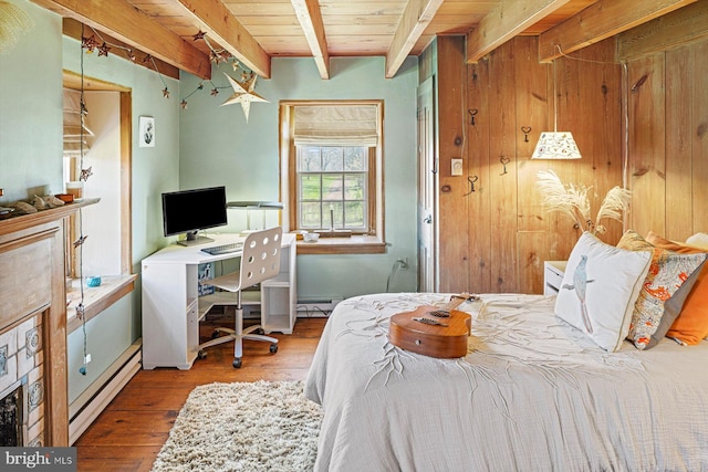 bedroom featuring light hardwood / wood-style flooring, baseboard heating, beamed ceiling, and wooden ceiling