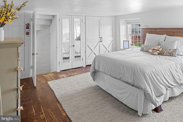 bedroom featuring dark hardwood / wood-style floors and multiple closets