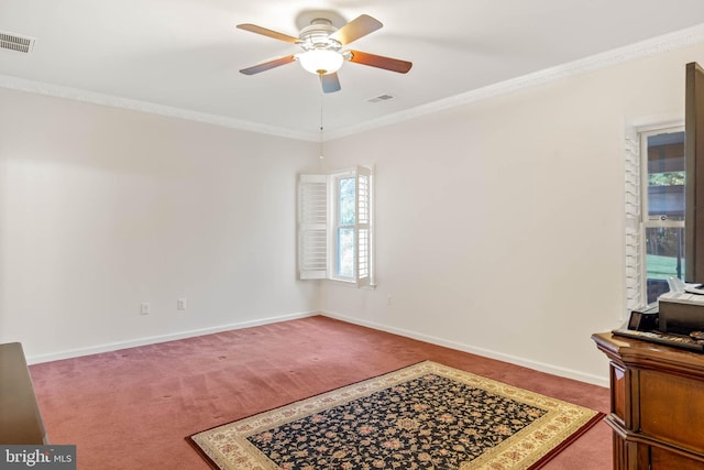 interior space with crown molding, carpet, and ceiling fan