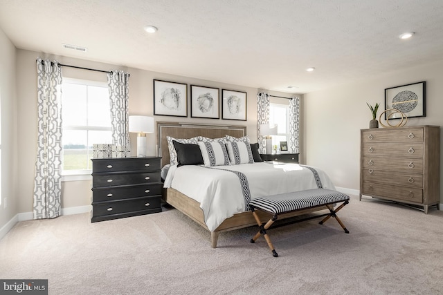 carpeted bedroom featuring multiple windows and a textured ceiling