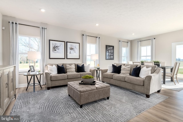 living room featuring light wood-type flooring, a textured ceiling, and plenty of natural light