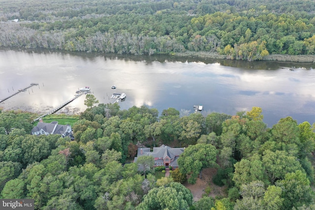 drone / aerial view featuring a water view