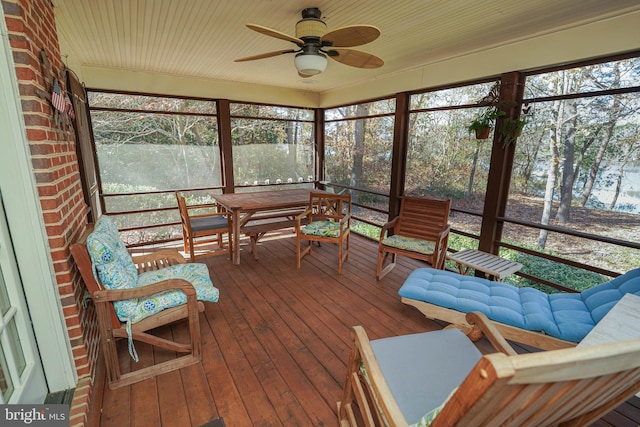 sunroom featuring ceiling fan and wood ceiling