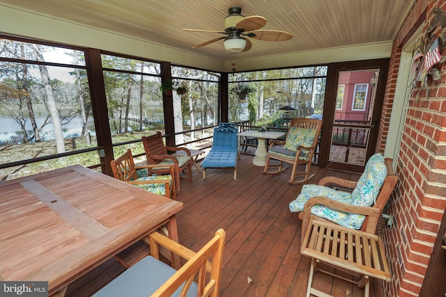 sunroom featuring wooden ceiling and ceiling fan