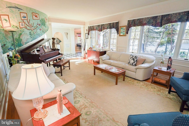 carpeted living room featuring ornate columns and crown molding