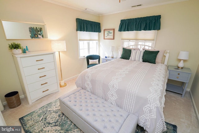 bedroom featuring light colored carpet and crown molding