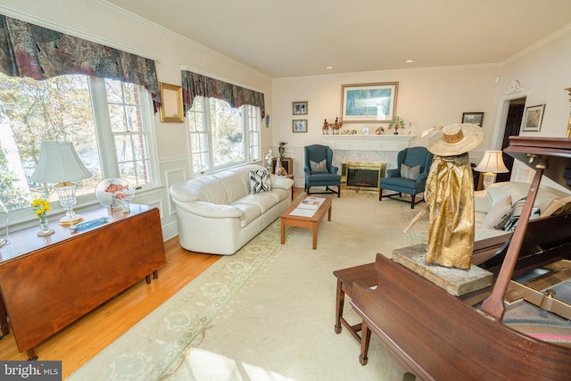 living room featuring light hardwood / wood-style floors and crown molding