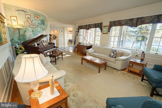 living room featuring ornamental molding