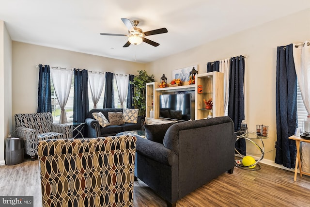 living room with ceiling fan and hardwood / wood-style flooring