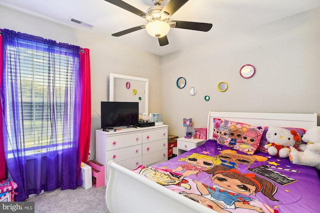 bedroom featuring ceiling fan and carpet floors