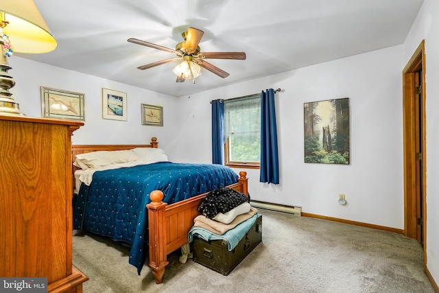 bedroom featuring ceiling fan, light colored carpet, and a baseboard heating unit