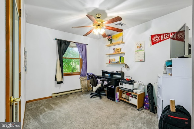 carpeted office featuring ceiling fan and baseboard heating