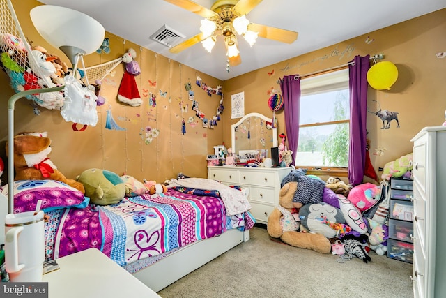 bedroom featuring ceiling fan and carpet flooring