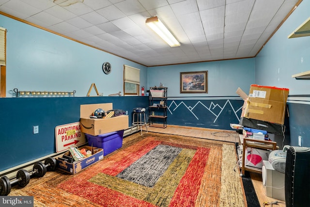 rec room with ornamental molding and hardwood / wood-style floors