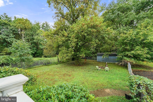 view of yard featuring a storage shed