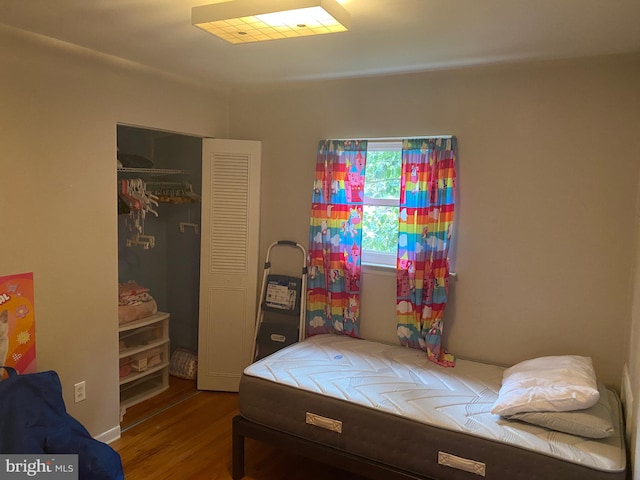 bedroom featuring wood-type flooring and a closet