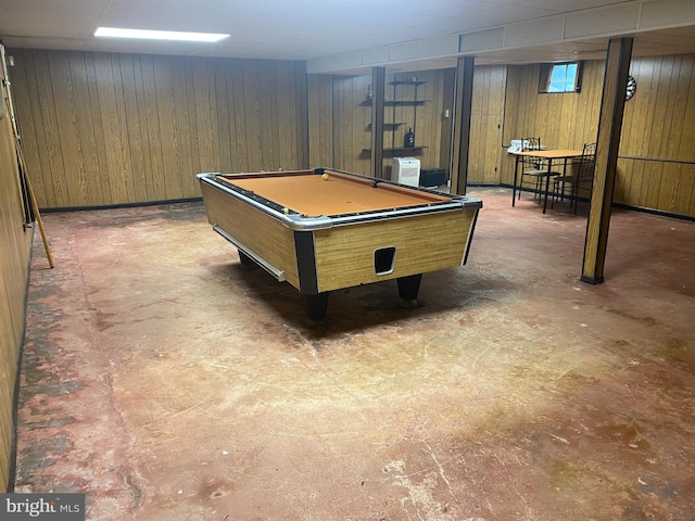 recreation room featuring wood walls and billiards