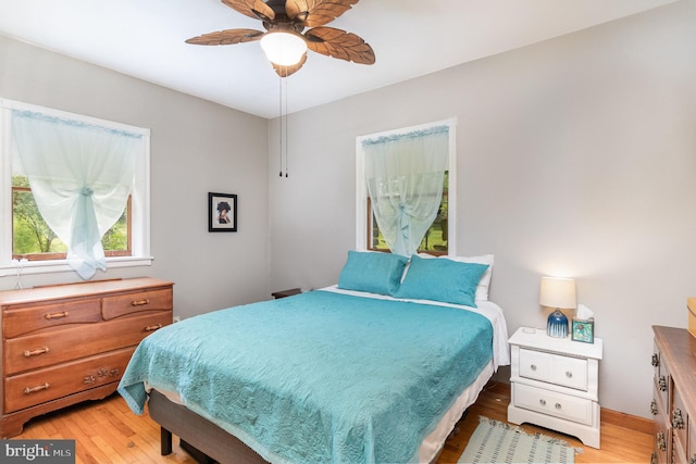 bedroom featuring light hardwood / wood-style floors and ceiling fan