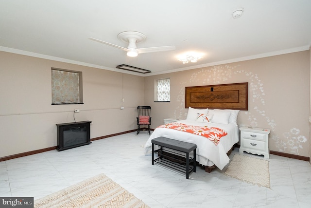 bedroom featuring ceiling fan and crown molding