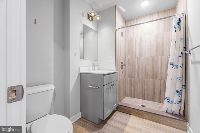 bathroom featuring toilet, a shower with curtain, and vanity