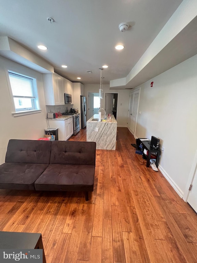 living room with sink and light hardwood / wood-style flooring