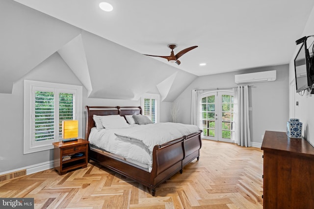 bedroom featuring ceiling fan, lofted ceiling, a wall mounted air conditioner, and light parquet floors