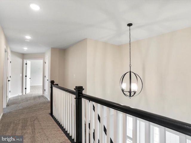 118 Pawn Ct, Winchester, VA 22602 - hallway featuring carpet, recessed lighting, a chandelier, baseboards, and an upstairs landing