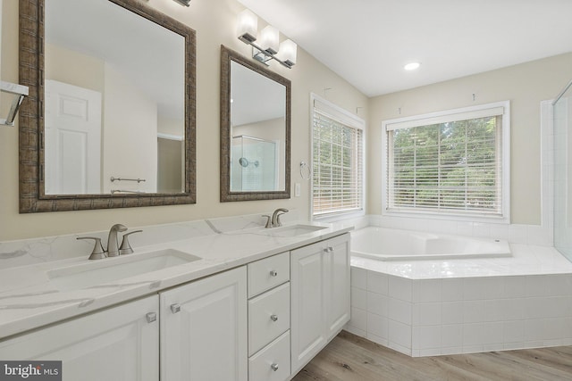 bathroom with vanity, shower with separate bathtub, hardwood / wood-style flooring, and a wealth of natural light