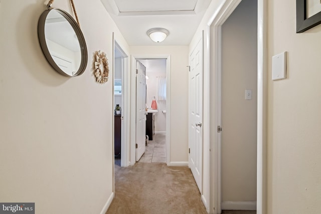 hallway featuring light carpet