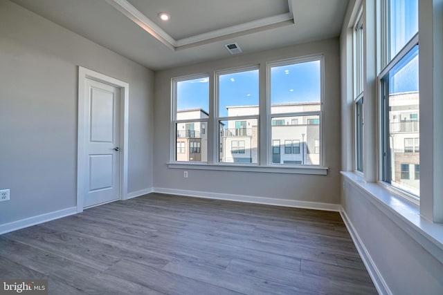 empty room with a healthy amount of sunlight, dark wood-type flooring, and a raised ceiling