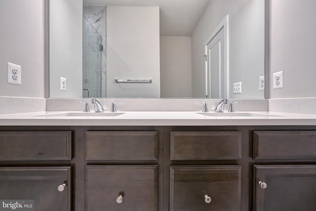 bathroom featuring walk in shower and vanity